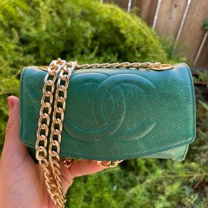CHANEL Green Caviar Leather Small Flap Crossbody with Gold Chain
